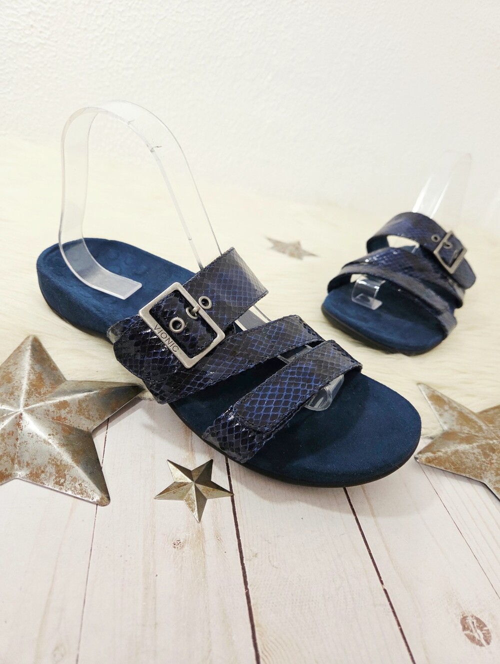 Vionic Skylar Sandals Adjustable Slide Orthotic dark navy blue snake women's 9
